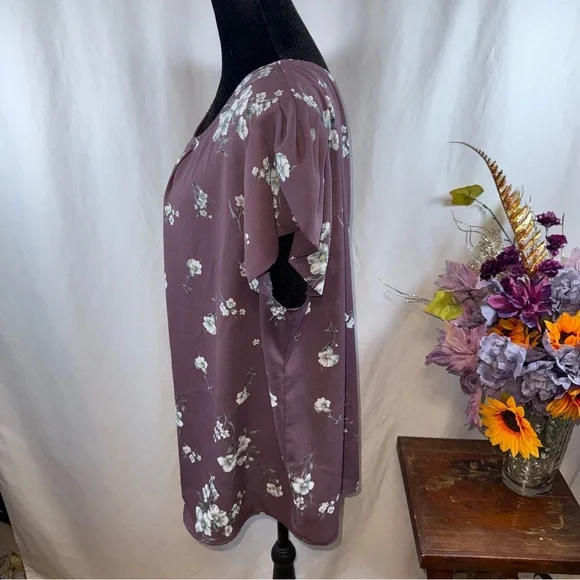 Papermoon Mauve Floral Blouse Puff Sleeve Keyhole Back Plus Size 2X - Picture 2 of 7